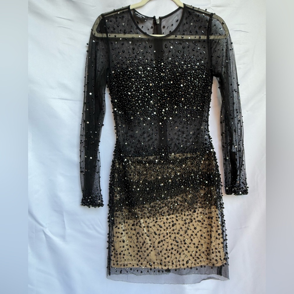 bebe Black Beaded Mesh sheer Illusion Dress | Size 6 | Long Sleeve Evening Party